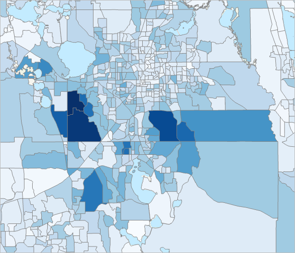 The Reporting Area layer styled to show positive cases by census tracts
