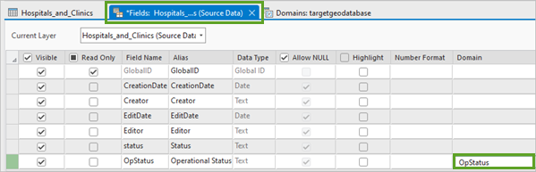 OpStatus Domain selected for the OpStatus field in the attribute table for Hospitals and Clinics