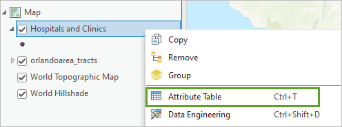 Attribute Table for the Hospitals and Clinics layer