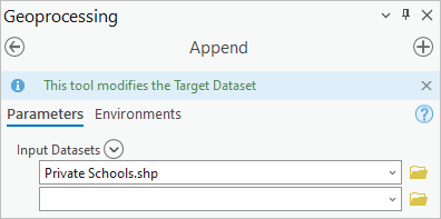 Private Schools shapefile added to the Append tool pane