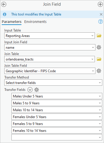Six fields to transfer added to the Join Field tool pane