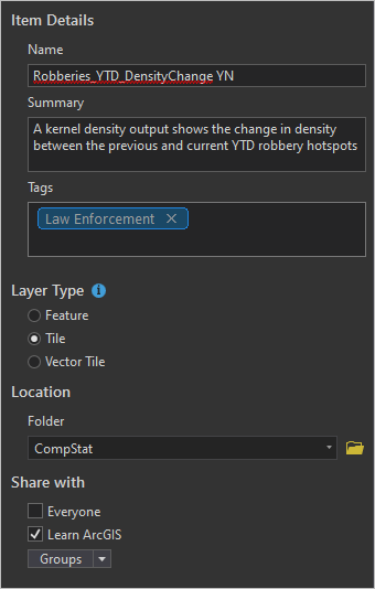 Share As Web Layer parameters for the YTD density change map