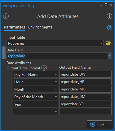 Add Date Attributes parameters