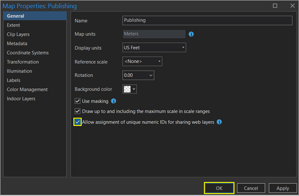 Map properties window.