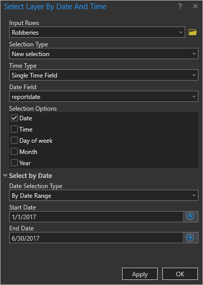 Parameters for the Select Layer By Date and Time tool