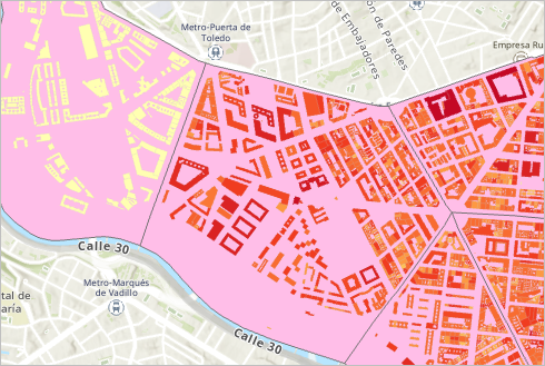 Buildings symbolized with a yellow to red color scheme.