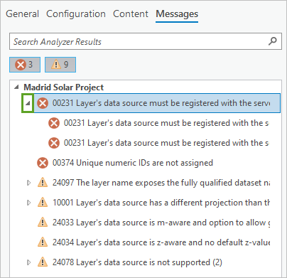 Expander button next to the first analyze error