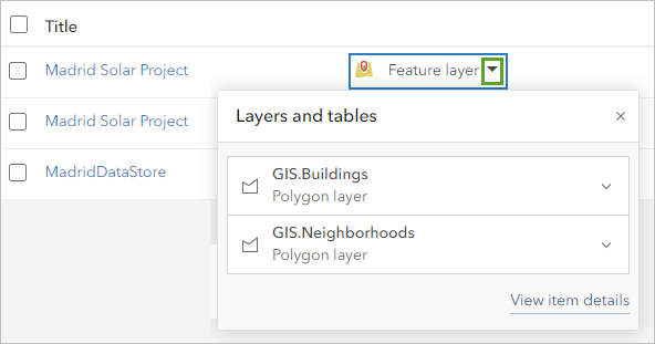 Sublayers of the Madrid Solar Project feature layer