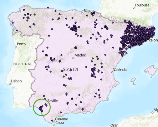 Zoom in to the cluster of points south of Seville.