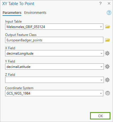 XY Table To Point tool parameters