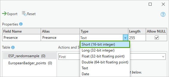 Set the Presence field type to Short.