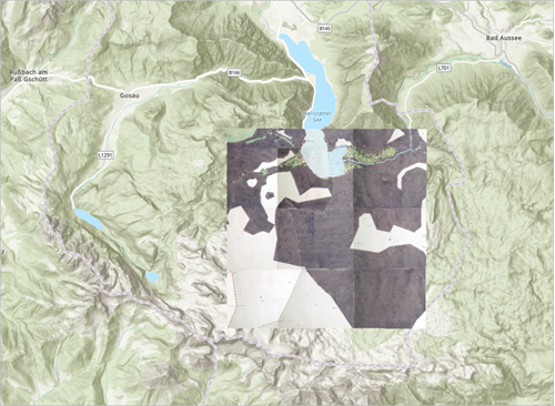 The Hallstatt_HistoricDrawing.JP2 layer correctly georeferenced and appears in the correct location in Austria.
