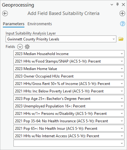 Variables added to the Add Field Based Suitability Criteria tool pane