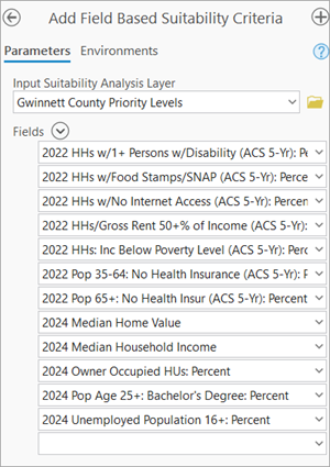 Variables added to the Add Field Based Suitability Criteria tool pane