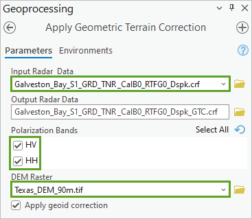 Apply Geometric Terrain Correction tool parameters