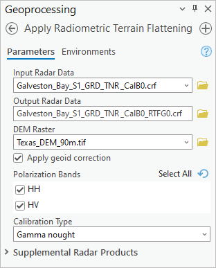 Apply Radiometric Terrain Flattening tool parameters