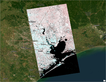 Galveston_Bay_S1_GRD_TNR_CalB0_RTFG0_Dspk_GTC_dB.crf raster layer on the map