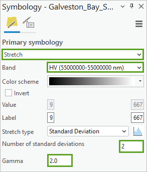 Symbology pane for the Galveston_Bay_S1_GRD.crf layer