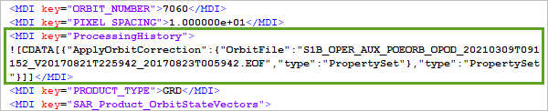 XML metadata showing the orbit correction applied