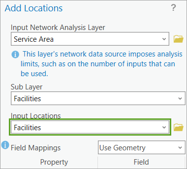 Set the Input Locations to the Facilities layer.