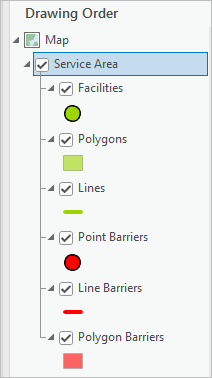 Service areas input and output layers are added to the Contents pane.