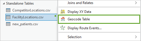 Right-click FacilityLocations and click Geocode Table.