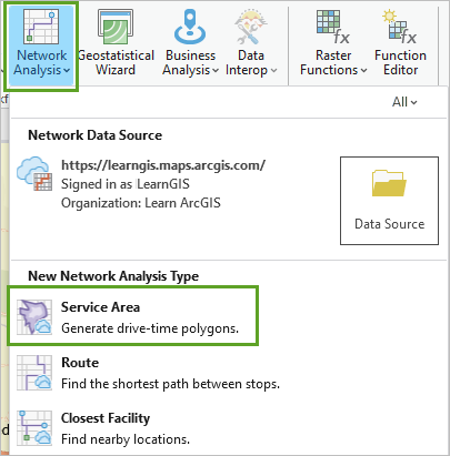 Click Network Analysis and click Service Areas.