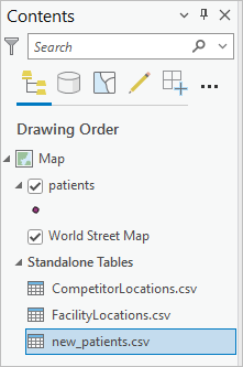The .csv files are in the Standalone Tables group in the Contents pane.