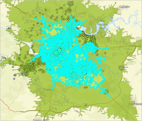 Patients within the 0–15 minute drive-time service area are selected.