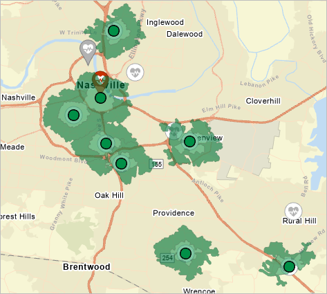 Walking-time service areas