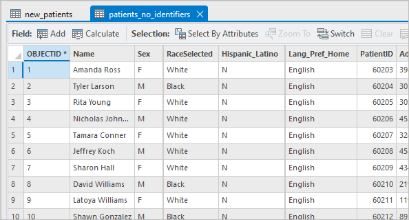 The patients-no-identifiers table open on the map. is a copy of the new_patients table.