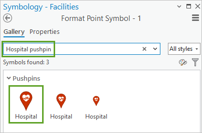 Search for and select the large Hospital pushpin symbol.
