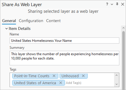 Share As Web Layer pane with Name, Summary, and Tags fields filled in