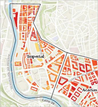 Imperial neighborhood on the map with red and orange buildings