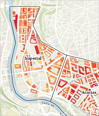 Imperial neighborhood on the map with red and orange buildings