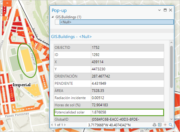 Potencialidad solar value for the municipal sports building in the pop-up window