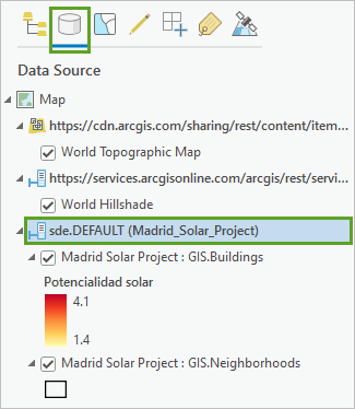 The List By Data Source button and the Madrid Solar Project data source