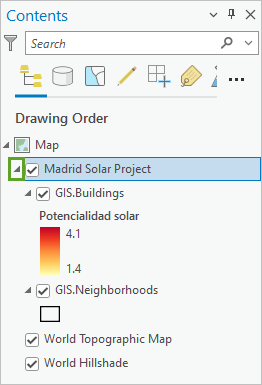 Expander button next to Madrid Solar Project feature layer