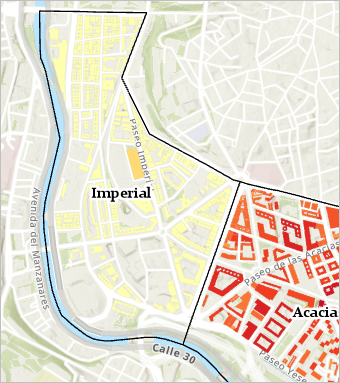 Imperial neighborhood on the map with yellow and orange buildings