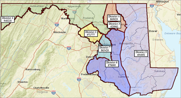 Map showing seven congressional districts