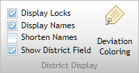 Display Locks, Display Names, and Show District Field checked in the District Display group on the View tab.