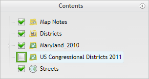 The US Congressional Districts 2011 layer unchecked in the Contents pane.