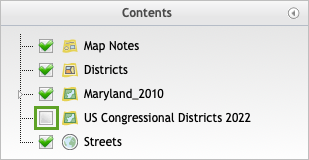 The US Congressional Districts 2011 layer unchecked in the Contents pane.