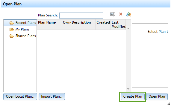 Create Plan button in the Open Plan window