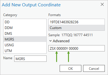 A Custom coordinate formatting in the Advanced box