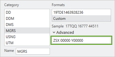 Custom coordinate formatting in the Advanced box