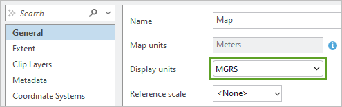 Display units set to MGRS in the Layer Properties window