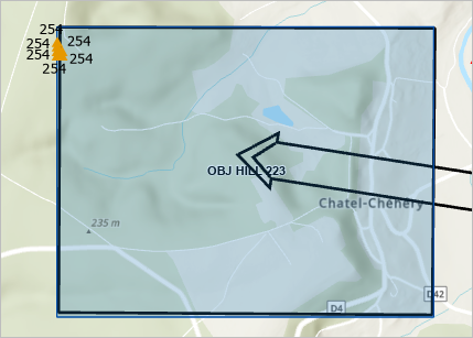 Cluster of highest point symbols in the northwest corner of the objective box, all labeled as 258 Meters