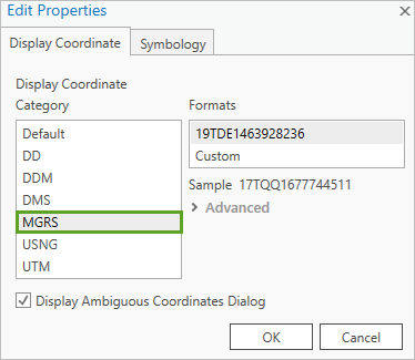 MGRS in the Display Coordinate Category list of the Edit Properties window
