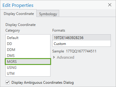 MGRS in the Display Coordinate Category list of the Edit Properties window